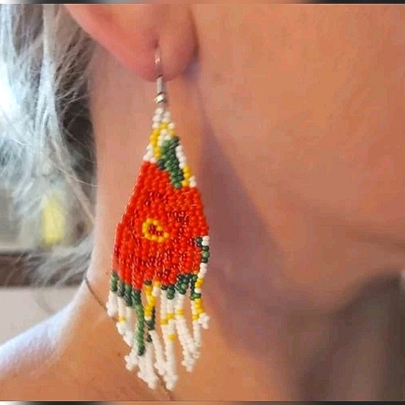 💖 2/$30 Seed Bead long tassel boho white red floral rose drop earrings Festival - Picture 8 of 17
